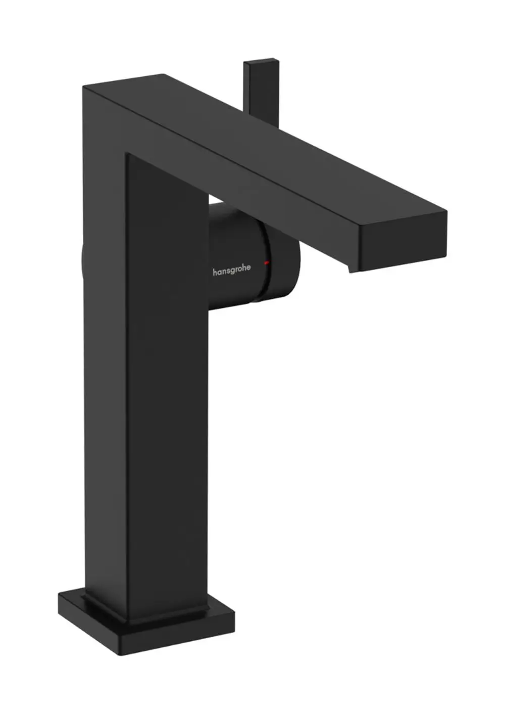 Ein schwarzer Waschtischmischer mit quadratischem Design und einem einfarbigen Hebel. Hersteller ist Hansgrohe. Der Wasserfluss kann über eine Push-Open Ablaufgarnitur gesteuert werden.